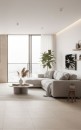 Jasny salon z podłogą wyłożoną beżowymi płytkami Marazzi Room Taupe 60x60 cm MP77 o subtelnej strukturze kamienia, minimalistyczne wnętrze dopełnia jasnoszara sofa, drewniane akcesoria oraz duża roślina doniczkowa przy oknie tarasowym