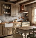 Rustykalna płytka w stylu Vintage Bestile Ruanes Grey 40x60 o nieregularnym kształcie w kolorach niebieskich i szarych na ścianie klasycznej wiejskiej kuchni w której przeważą drewno,
