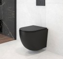 Oltens zestaw Hamnes Stille miska WC wisząca z deską wolnoopadającą Slim 42522300 w czarnym kolorze zamontowny w jasnej łazience z szarymi płytkami oraz prysznicem