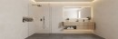 Nowoczesna łazienka z dużymi, prostokątnymi płytkami ściennymi Marazzi Room Wall Beige 30x90 cm MP69 o wyglądzie jasnego piaskowca, ciepłe, beżowe ściany tworzą minimalistyczną kompozycję z drewnianą szafką podumywalkową, dużym lustrem i czarną armaturą