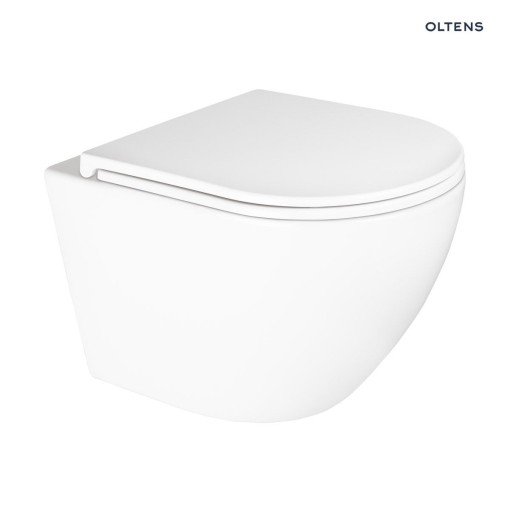 Oltens Hamnes Kort Stille Nowoczesna podwieszana miska WC wisząca PureRim z powłoką SmartClean biała 42524000 Nowoczesna wisząca miska WC w białym kolorze