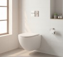 Oltens Hamnes OneForm Stille PureRim Nowoczesna podwieszana miska WC w białym połysku 42052000 Nowoczesna, elegancka wisząca miska toaletowa w białym połysku zamontowana na ścianie w jasnej łazience gdzie znajduje się duże okno