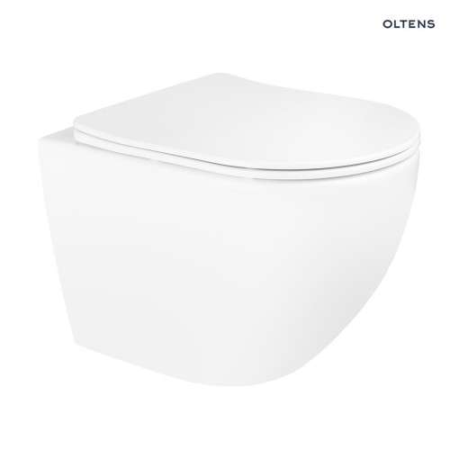 Oltens zestaw w białym kolorze Hamnes miska wisząca WC PureRim z powłoką SmartClean z deską wolnoopadającą Slim 42541000 Wisząca miska toaletowa wyposażona w deskę z funkcją cichego, wolnego opadania.