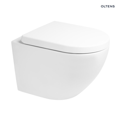 Oltens zestaw Hamnes Kort Stille designerska miska WC wisząca PureRim z powłoką SmartClean z deską wolnoopadającą w białym kolorze 42526000 Podwieszana miska WC w nowoczesnym stylu, w komplecie z deską z systemem wolnego opadania.