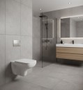Oltens zestaw Ribe futurystyczna miska WC wisząca PureRim w zestawie z deską wolnoopadającą biała 42010000 Designerska toaleta wisząca z deską z funkcją delikatnego i bezgłośnego zamykania zamontowana na ścianie w łazience gdzie znajduje się prysznic