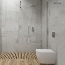 Oltens Vernal biała deska sedesowa wolnoopadająca Slim 45104000 Smukła, biała deska WC wyposażona w system cichego domykania zamontowana na misce WC w industrialnej łazience z szarymi betonowymi ścianami oraz prysnicem