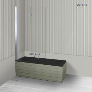 Oltens Langfoss Sela wanna prostokątna 150x70 cm akrylowa czarna w komplecie z dwuczęściowym parawanem nawannowym 115 cm wykończenie chrom 18001300