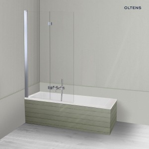 Oltens Langfoss Sela komplet obejmujący białą wannę akrylową 170x70 cm oraz dwuczęściowy parawan nawannowy 115 cm w chromie 18003900