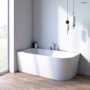 Oltens Hulda elegancka i komfortowa wanna wolnostojąca 160x75 cm narożna lewa biały połysk 11003000 zamontowana w rogu jasnej łazienki z drewnianą podłogą oraz białymi ścianami