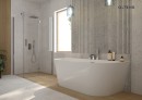 Oltens Hulda stylowa wanna wolnostojąca przyścienna o wymiarach 170x80 cm w eleganckim lśniącym białym kolorze 12021000 wanna znajduje się w jasnej łazience z szarymi płytkami na ścianie oraz podłodze, w narożniku znajduje się prysznic