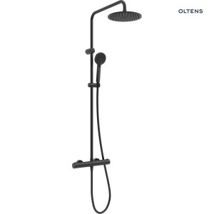 Oltens Atran nowoczesny komplet prysznicowy z termostatem oraz okrągłą deszczownicą wykończony w czanrnym macie 36500300