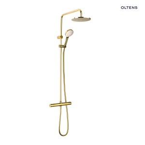Oltens Atran zestaw prysznicowy z baterią termostatyczną i okrągłą deszczownicą w złotym połysku 36500800