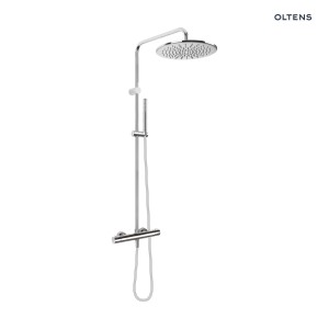 Oltens Boran Nowoczesny komplet prysznicowy z termostatem oraz okrągłą deszczownicą wykończony w połyskującym chromie 36502100