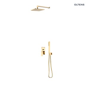 Oltens zestaw Gota bateria podtynkowa z deszczownicą 22 cm Atran i kompletem prysznicowym Sog w złotym połysku 36616800