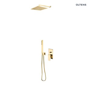 Oltens zestaw Gota bateria podtynkowa wyposażona w deszczownicę 30 cm Vindel (S) oraz komplet prysznicowy Sog w złotym połysku 36604800