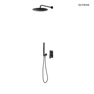 Oltens zestaw Hadsel bateria wannowo-prysznicowa podtynkowa z deszczownicą 30 cm Vindel i kompletem prysznicowym Ume czarny mat 36625300
