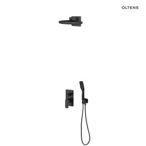 Oltens matowo-czarny zestaw Hadsel bateria wannowo-prysznicowa podtynkowa z okrągłą deszczownicą Vann i słuchawką 1 funkcyjną Tinde 36042300