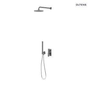 Oltens zestaw Hadsel bateria wannowo-prysznicowa podtynkowa z deszczownicą 30 cm Vindel i kompletem prysznicowym Ume grafit 36625400
