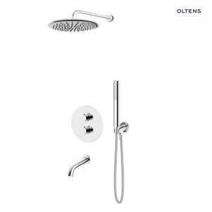 Oltens zestaw Katla bateria podtynkowa termostatyczna z wylewką wannową Molle z deszczownicą 30 cm Sondera i kompletem prysznicowym Ume chrom 36611100