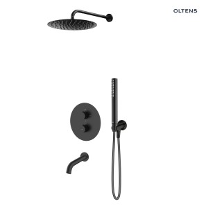 Oltens zestaw Katla bateria podtynkowa termostatyczna z wylewką wannową Molle z deszczownicą 30 cm Vindel i kompletem prysznicowym Ume czarny mat 36611300