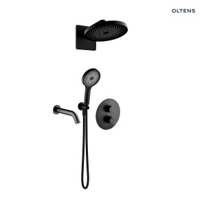 Oltens zestaw Katla podtynkowa bateria wannowo-prysznicowa z okrągłą deszczownicą Vann i słuchawką 3 funkcyjną Havis EasyClick wykończony w czarnym macie 36065300