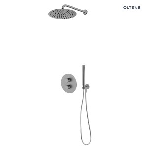 Oltens Katla zestaw podtynkowy z baterią termostatyczną z deszczownicą Vindel 30 cm oraz kompletem prysznicowym Ume w wykończeniu grafitowym 36608400