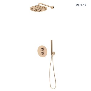 Oltens Katla zestaw podtynkowy z baterią termostatyczną i deszczownicą Vindel 30 cm oraz kompletem prysznicowym Ume w wykończeniu miedź szczotkowana 36608610