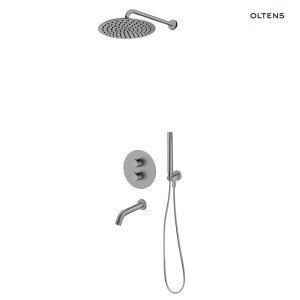 Oltens zestaw Katla bateria podtynkowa termostatyczna z wylewką wannową Molle z deszczownicą 30 cm Vindel i kompletem prysznicowym Ume grafit 36611400