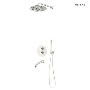 Oltens Katla podtynkowy komplet wannowo-prysznicowy z baterią termostatyczną wylewką Molle deszczownicą Vindel 30 cm i zestawem prysznicowym Ume w kolorze niklu 36611910