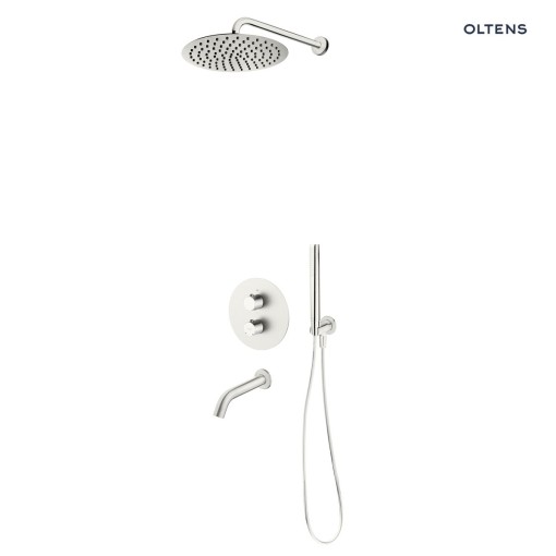 Oltens Katla podtynkowy komplet wannowo-prysznicowy z baterią termostatyczną wylewką Molle deszczownicą Vindel 30 cm i zestawem prysznicowym Ume w kolorze niklu 36611910