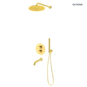 Oltens Katla system podtynkowy bateria termostatyczna z wylewką Molle deszczownicą Vindel 30 cm i zestawem prysznicowym Ume w szczotkowanym złocie 36611810