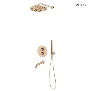 Oltens Katla bateria podtynkowa termostatyczna z wylewką wannową Molle z deszczownicą 30 cm Vindel i kompletem prysznicowym Ume miedź szczotkowana 36611610
