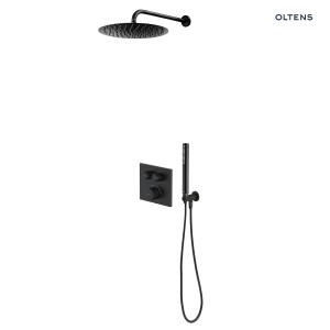 Oltens Onega (S) termostatyczny zestaw prysznicowy podtynkowy wyposażony w deszczownicę Vindel o średnicy 30 cm oraz zestaw prysznicowy Ume wykończenie czarny mat 36620300