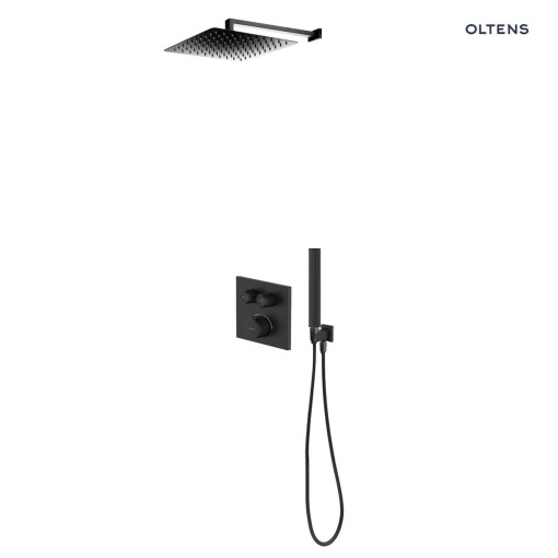 Oltens Onega (S) zestaw prysznicowy podtynkowy wyposażony w deszczownicę Vindel (S) o średnicy 30 cm oraz zestaw prysznicowy Sog w kolorze czarny mat 36621300