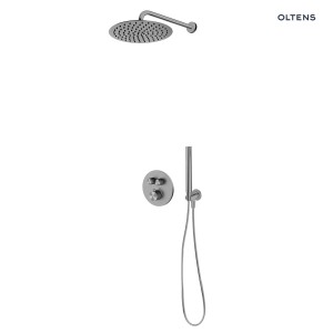 Oltens Onega podtynkowa bateria termostatyczna z okrągłą deszczownicą 30 cm Vindel i kompletem prysznicowym Ume w graficie 36617400