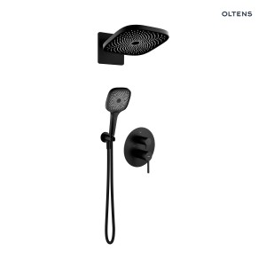 Oltens zestaw Rann podtynkowa bateria wannowo-prysznicowa z kwadratową deszczownicą Vann (S) i słuchawką 3 funkcyjną Havis EasyClick (S) w czarnym macie 36072300