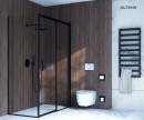 Oltens Breda kabina prysznicowa 120x90 cm prostokątna czarny mat/szkło przezroczyste 20226300  - kabina zamontowana w łazience z drewnopodobnymi płytkami na ścianie oraz białymi na podłodze