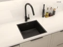 Oltens Litla bateria kuchenna stojąca z wyciąganą wylewką czarny mat 35204300 - bateria zamontowana w jasnej łazience z czarnym zlewozmywakiem oraz jasymi szafkami