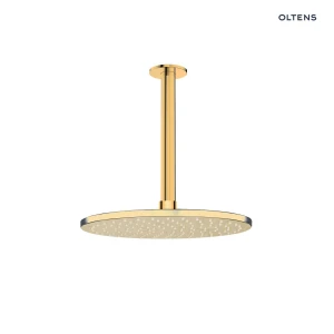 Oltens Atran deszczownica 22 cm okrągła z ramieniem sufitowym Aera złoty połysk 36084800