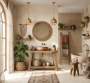 Gres Blustyle Solaris Ostuni Honed 120x120 tworzy tło jasnego salonu w stylu minimalistycznym. Na ciepłej podłodze i ścianie umieszczono czarny, nowoczesny kominek, skórzany fotel, szklany stolik z lampą, okrągłe lustro i minimalistyczne obrazy.