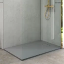 Oltens Bergytan brodzik 140x90 cm prostokątny RockSurface szary beton 15107700 - brodzik zamontowany w łazience z szarymi płytkami na ścianie raz złotym zestawem prysznicowym