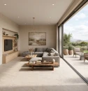 Gres Peronda Haven Bone SP 120x120 na podłodze salonu i tarasu. Jasne płyty o wzorze wapienia tworzą płynne przejście między wnętrzem a ogrodem. Szara sofa, drewniane meble i złota lampa podkreślają nowoczesny, a zarazem przytulny charakter aranżacji.