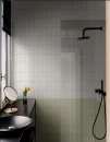 Nowoczesna łazienka z prysznicem walk-in i czarną armaturą, ściany wykończone płytkami cegiełkami Marazzi Confetto Mattone 5x15 cm MDSV, minimalistyczny design z eleganckimi detalami i naturalnym światłem.