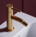 Elegancka łazienka z bordową zabudową, biały wiszący bidet, stojąca bateria bidetowa w kolorze złota szczotkowanego z kolekcji Omnires Y