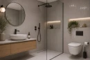 Nowoczesna łazienka z prysznicem walk-in i drewnianą szafką, wykończona szarymi płytkami cegiełkami Marazzi Confetto Grigio 5x15 cm MDTW ułożonymi pionowo na ścianach