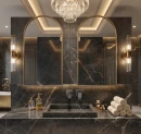 Gresowa płytki imitująca czarny marmur ze złotą/beżową żyłą Tubądzin Shinestone Black Poler 59,8x59,8 na ścianach łazienki w stylu glamour. Złote ramy dużych luster, Kryształowy żyrandol, czarna armatura łazienkowa.
