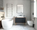 Oltens Nordlis lustro 60x80 cm prostokątne z oświetleniem od tyłu z matą grzewczą czarny 64115300 - lustro zawieszone na białej ścianie w łazience gdzie znajduje się wolnostojąca wanna oraz szafka z umywalką