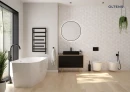 Oltens Nordlis lustro 60x60 cm okrągłe z oświetleniem od tyłu z matą grzewczą czarny 64108300 - lustro zawieszone na ścianie w łazience gdzie znajduje się wolnostojąca wanna, czarna szafka z czarną umywalką oraz duże okno