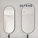 Oltens Nordlis lustro 40x90 cm owalne z oświetleniem z przodu z matą grzewczą czarny 64103300 - lustra powieszone są w łazience na jasnej ścianie