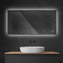 Oltens Nordlis lustro 60x120 cm prostokątne z oświetleniem od tyłu z matą grzewczą czarny 64112300 - lustro zawieszone na ścianie w łazience z ciemnymi płytkami oraz czarną szafką i białą umywalką